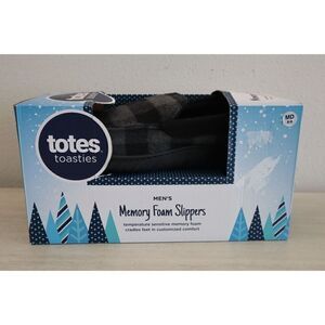 Totes Toasties Mens Sz M (8-9) Black/Gray Checkered Flannel Memory Foam Slippers